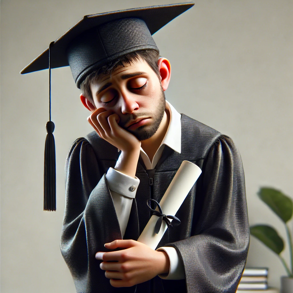 sleeping man in a graduation cap and gown holding a diploma